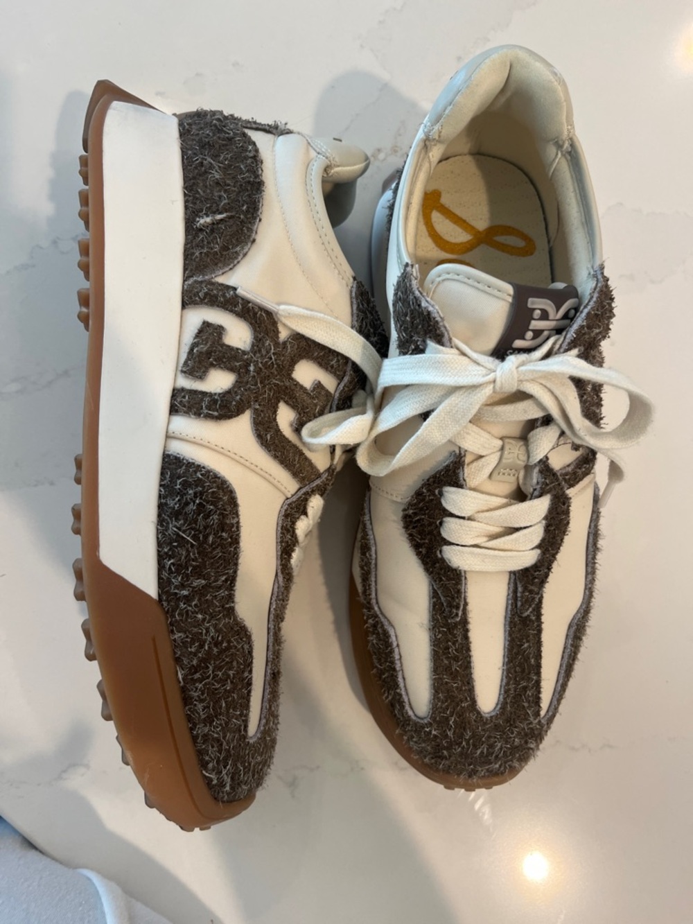 Sam Edelman White and Brown Textured Panel Sneakers